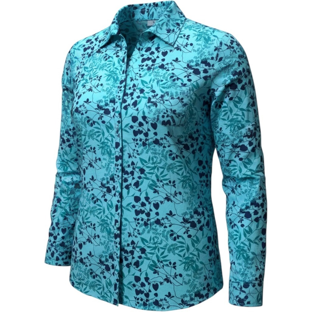 Liz & Me Button Down Shirt Womens 4X Teal Navy Leaf Print Casual Coastal Classic